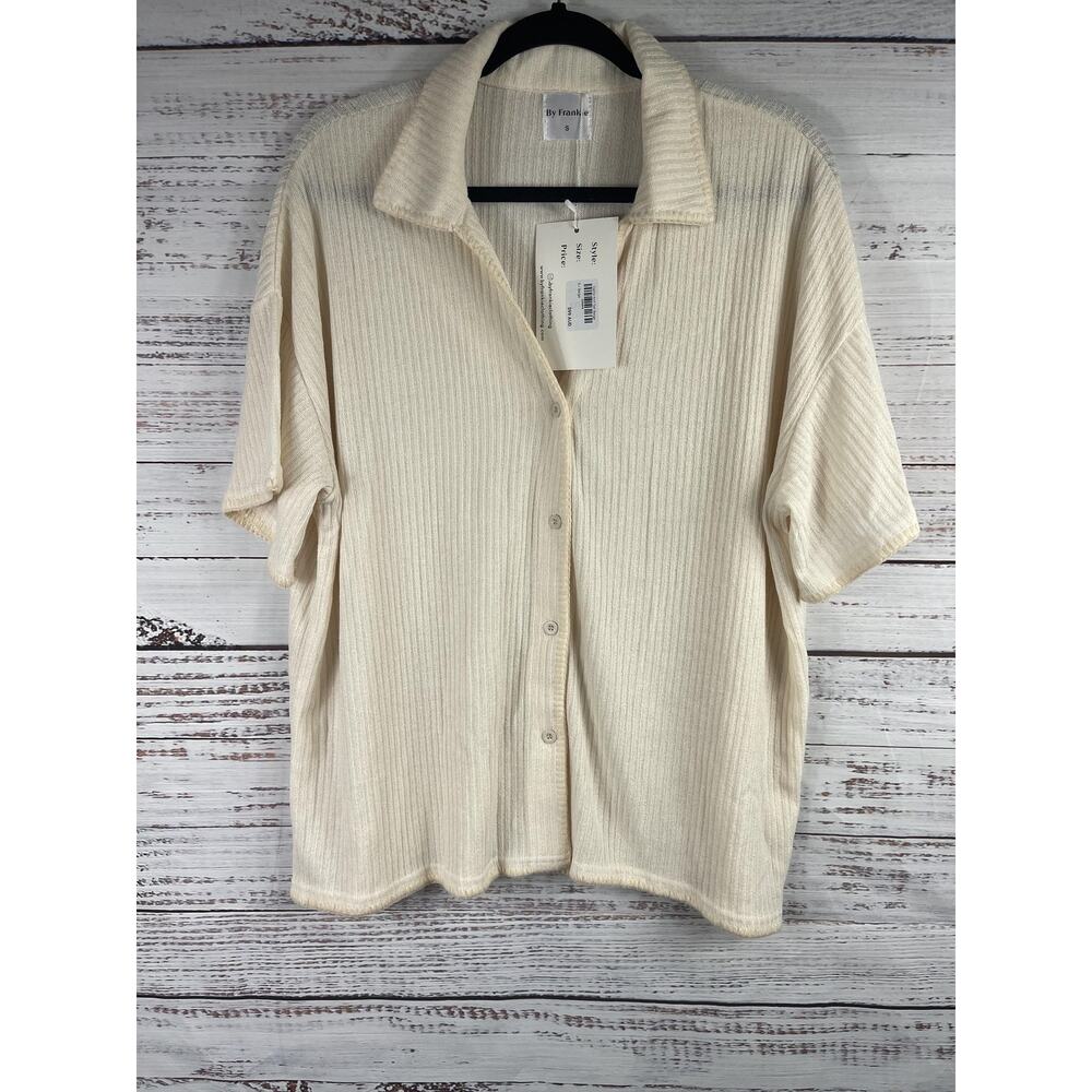 By Frankie Shirt Women's SZ S Ribbed Button Up Collared Lightweight Short Sleeve